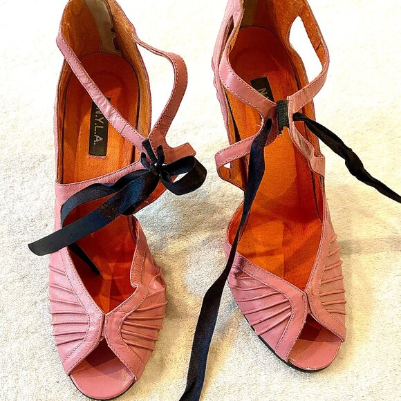 N.Y.L.A. Rose Pink/Black Tie Peep-Toe Heels (Size 7) - Picture 1 of 4